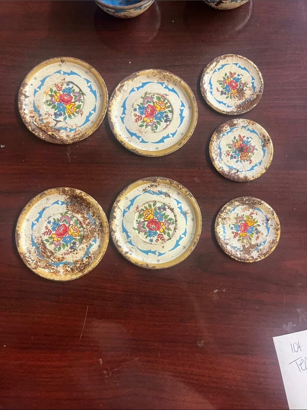 Vintage lot of Ohio Art Irwin Tin Litho Tea cups, saucers, and plates 13 pieces